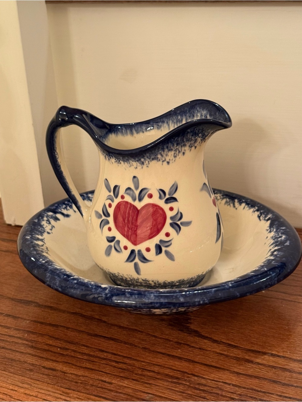 Blue and Cream Heart Motif Ceramic Pitcher and Bowl Set